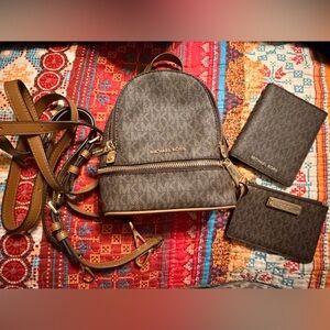 Michael Kors mini rhea backpack with wallet and passport holder